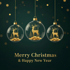 Luxury Christmas illustration featuring three transparent baubles with golden deer and snowy pines inside, hanging against a dark green bokeh background. Perfect for premium holiday branding 