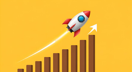 Minimal toy rocket launching over rising bar graph with growing arrow. Concept of business growth, startup success, scaling strategy, financial increase, innovation, and performance acceleration.
