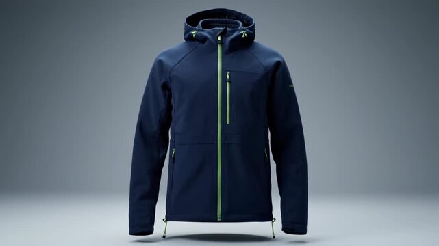 Hands zip up a modern blue outdoor jacket. The stylish hooded jacket is ready for adventure.