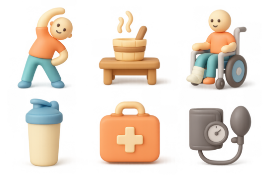Fitness and wellness icon set featuring exercise, sauna, and health monitoring
