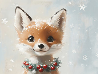 Obraz premium Vintage Christmas Cute Fox with Christmas Wreath Print
