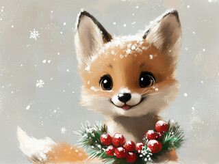 Obraz premium Vintage Christmas Cute Fox with Christmas Wreath Print
