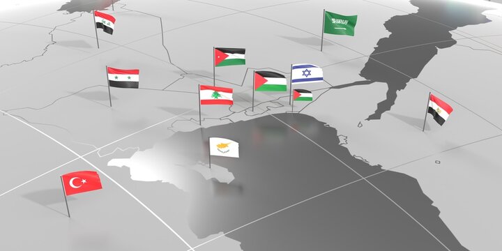 Middle East - countries' borders and flags - 3D illustration