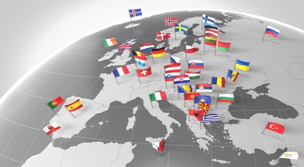 Europe - countries' borders and flags - 3D illustration