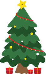 A vibrant cartoon illustration of three stylized evergreen Christmas trees with varying shades of green foliage and brown trunks, with white snow-like accents on their branches.