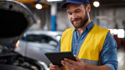 A smiling Caucasian male mechanic in a yellow safety vest uses a tablet to diagnose a vehicle in an auto repair shop.