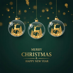 Luxury Christmas illustration featuring three transparent baubles with golden deer and snowy pines inside, hanging against a dark green bokeh background. Perfect for premium holiday branding 