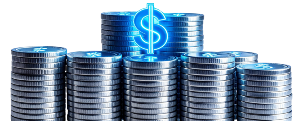 Silver Coin Stacks with Blue Neon Dollar Symbols, Front-Facing Finance Concept