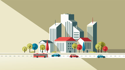 Obraz premium Cityscape illustration of buildings and vehicles on a road with trees and stylized clouds