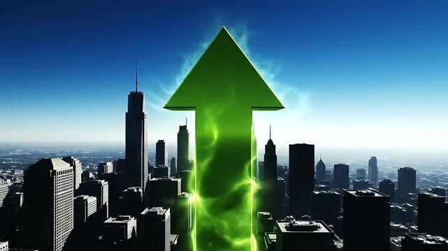 A large glowing green arrow pointing upwards symbolizes growth and success over a modern cityscape
