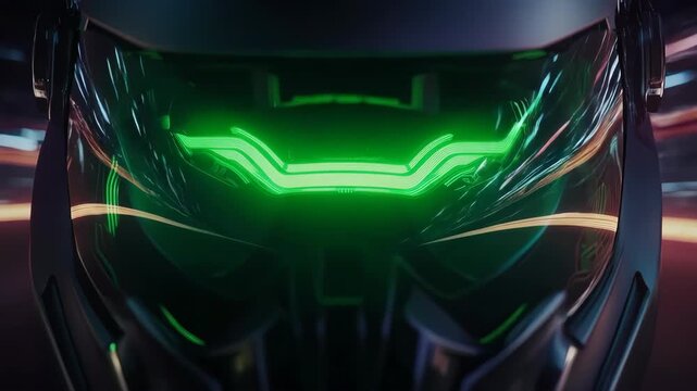 Futuristic helmet with glowing green visor