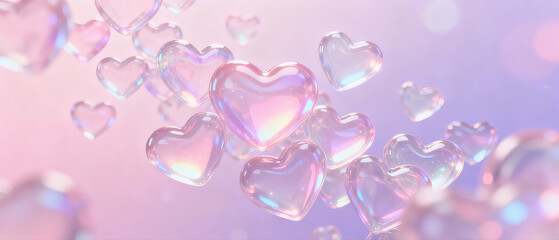 Obraz premium Iridescent Glass Hearts Floating on a Soft Gradient Background.