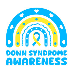Down syndrome awareness rainbow with blue and yellow ribbon. Perfect for medical campaigns, advocacy projects, education and inclusion designs promoting chromosome 21 awareness. Vector illustration. 