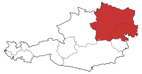 Fototapeta premium A detailed map of Austria highlighting lower Austria, showing clear borders, regional divisions, transport routes, and geographic markers for business, agriculture, and travel use.