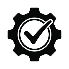 Quality control system gear and checkmark vector icon, Settings and verification checkmark symbol