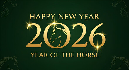 Happy New Year 2026 Celebration Banner Year of the Horse Festive Design Golden Typography Green Background