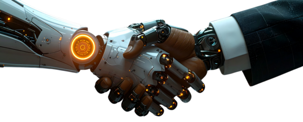 3D Render of Cybernetic Robot Shaking Hands with Business Leader, Dynamic Perspective Collaboration Scene, Transparent Background