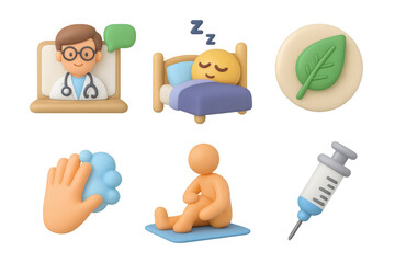Cartoon icon set featuring doctor, sleep, health, hygiene, exercise, and vaccine elements