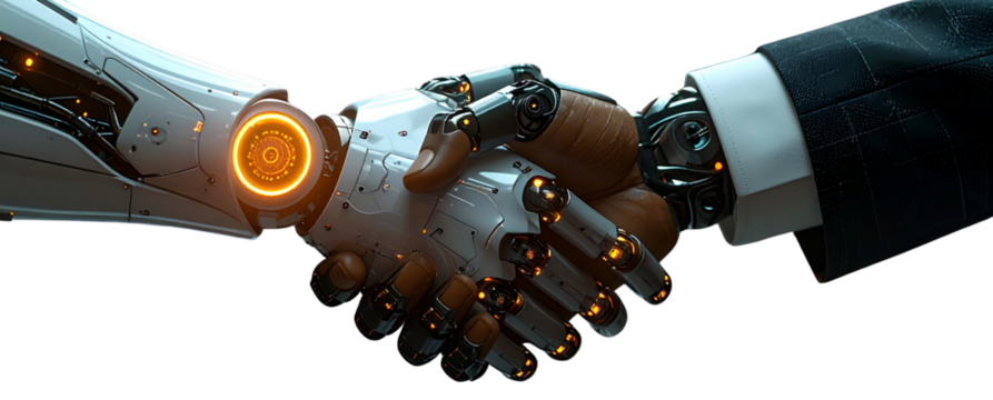 3D Render of Cybernetic Robot Shaking Hands with Business Leader, Dynamic Perspective Collaboration Scene, Transparent Background