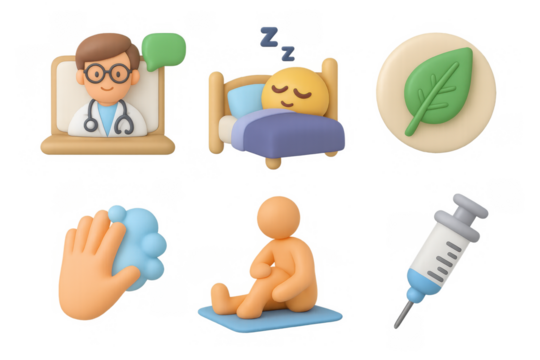 Cartoon icon set featuring doctor, sleep, health, hygiene, exercise, and vaccine elements - Powered by Adobe