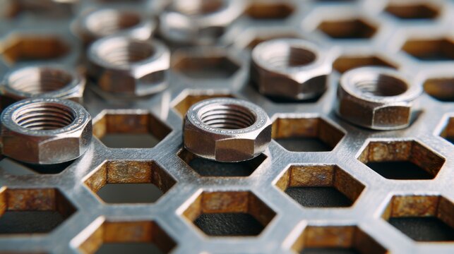 Close-up of metallic nuts on a hexagonal mesh, showcasing texture and intricate details in a workshop setting.