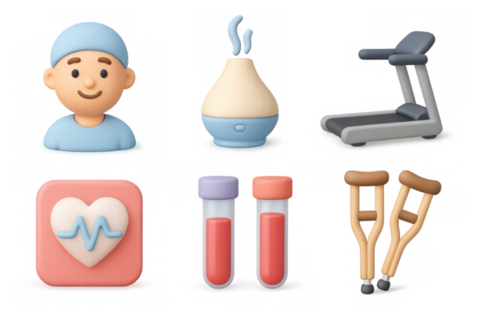 Simple healthcare icon set featuring humidifier, treadmill, heartbeat, test tubes, patient, and crutches for medical design