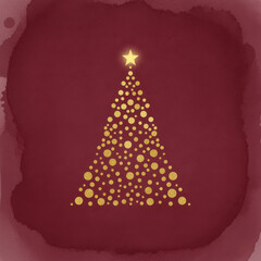Abstract Christmas tree formed by golden snowflakes and stars on a rich red background with subtle texture. Ideal for elegant holiday designs, invitations, and festive promotions.