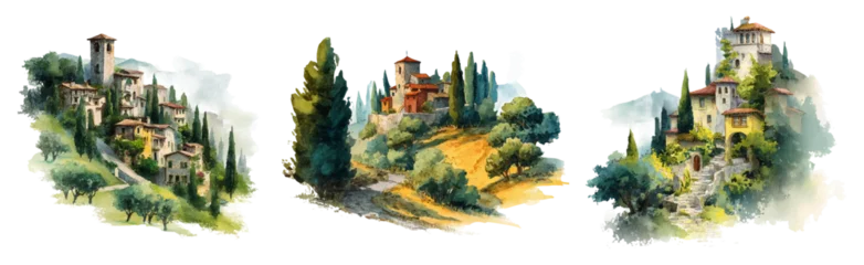 Fotobehang Boerderij Italian Tuscany vineyard scenes in watercolor style, featuring countryside villages, Mediterranean hills, farmhouses, and scenic landscapes perfect for travel designs.  © Narin