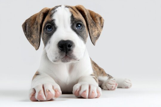 A beautiful brindle and white puppy with bright blue eyes lies down calmly on a simple white background, looking forward.