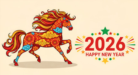 Traditional red horse design for 2026 Happy New Year. Oriental floral ornaments and golden details reflect Chinese culture, symbolizing luck, strength, and good fortune for the coming year&nbsp;