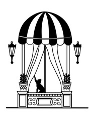 Black vector illustration of a charming storefront with a striped awning, decorative window, twin lampposts, and a cat silhouette peering out from behind curtains.