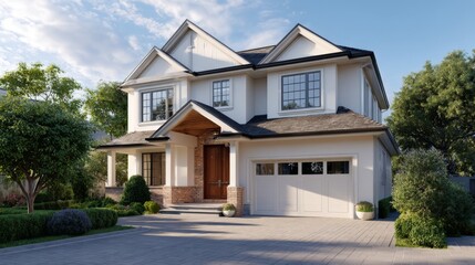 Fototapeta premium A beautiful modern two-story family home with a welcoming porch and landscaped front yard.