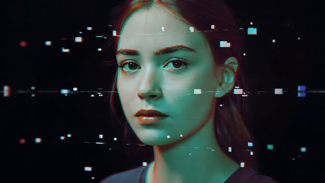 Young woman with glitch effect portrait for futuristic sci-fi concept or digital identity creative project