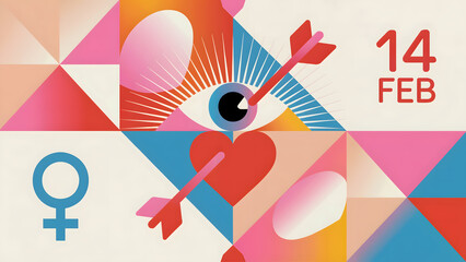 Obraz premium Vibrant geometric Valentine's Day design with eye heart and arrow for modern greeting cards