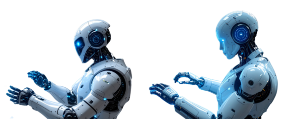 Advanced Silver Robot Typing on Holographic Virtual Interface, Tech Innovation Concept, Transparent