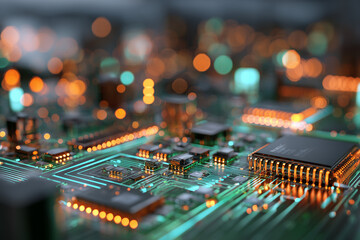 Printed circuit board futuristic server. Circuit board futuristic server code processing. Orange, green, blue technology background with bokeh. 3D Rendering