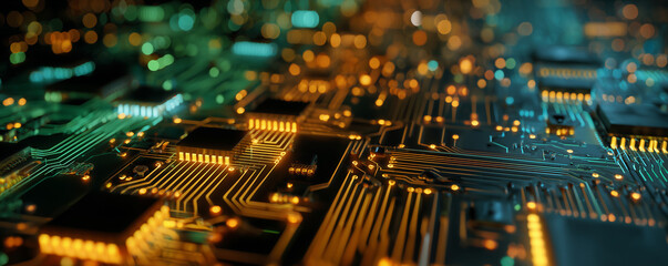 Printed circuit board futuristic server. Circuit board futuristic server code processing. Orange, green, blue technology background with bokeh. 3D Rendering