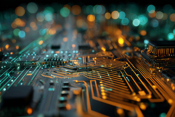 Printed circuit board futuristic server. Circuit board futuristic server code processing. Orange, green, blue technology background with bokeh. 3D Rendering