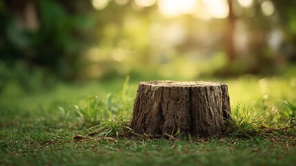 Rustic wood stump in sun-drenched meadow invites nature lovers and outdoor enthusiasts to explore the serene beauty of the forest floor