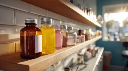 A close-up shot of various colored bottles arranged on a wooden shelf in a bright kitchen setting.
