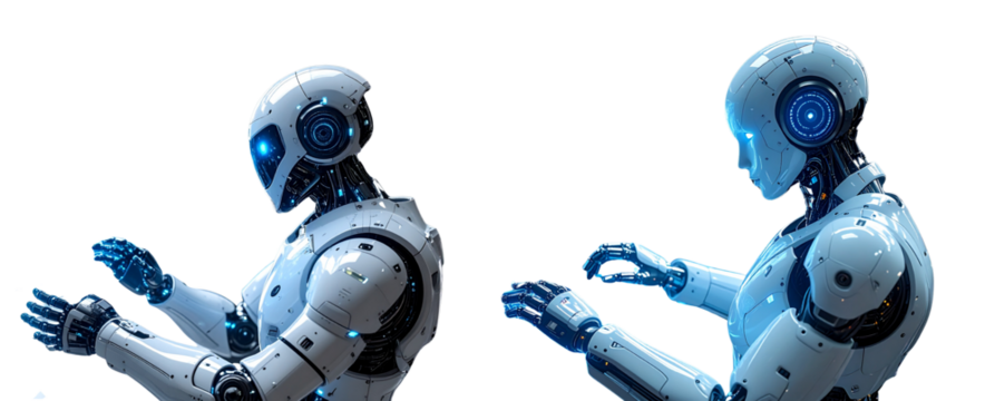 Advanced Silver Robot Typing on Holographic Virtual Interface, Tech Innovation Concept, Transparent