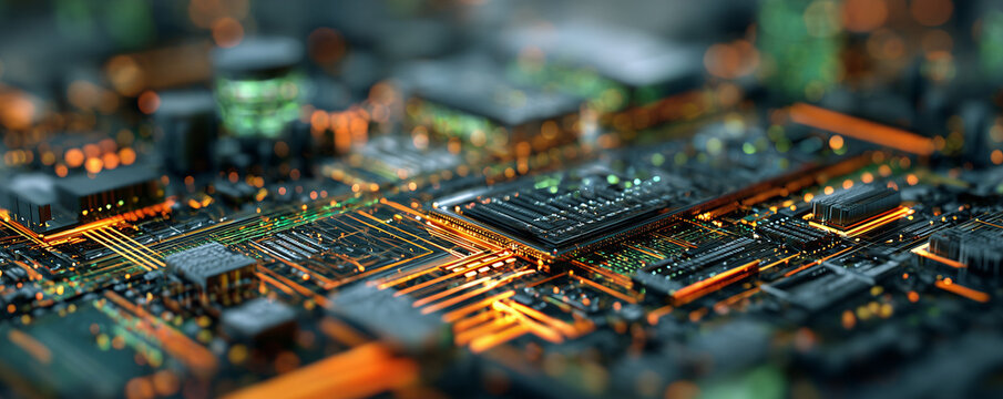 Printed circuit board futuristic server. Circuit board futuristic server code processing. Orange, green, blue technology background with bokeh. 3D Rendering