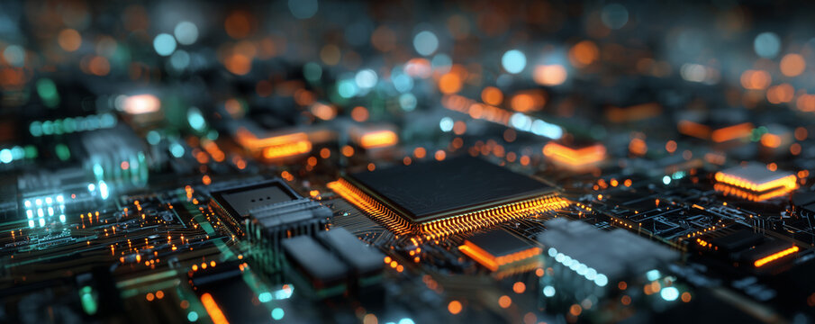 Printed circuit board futuristic server. Circuit board futuristic server code processing. Orange, green, blue technology background with bokeh. 3D Rendering