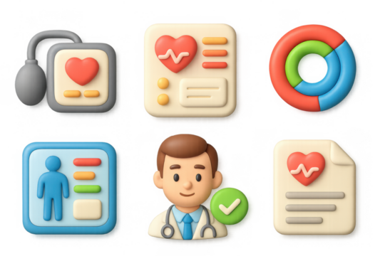 Health icon set with medical, doctor, heart, and data symbols for digital design