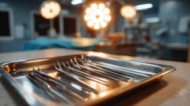 A close-up of surgical instruments on a tray in a bright operating room, highlighting the precision tools used by medical professionals.