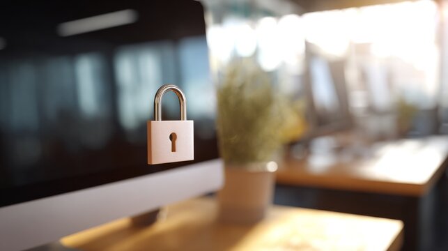 A modern office setting featuring an open padlock hovering in front of a computer screen, symbolizing cybersecurity and digital openness.