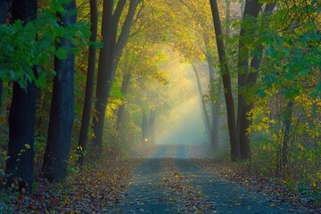 Obraz premium Mystical Forest Path Shrouded in Mist with Ethereal Glow, Vibrant Green and Yellow Foliage Creating Enchanted Atmosphere