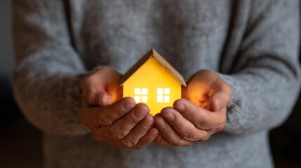 A person holds a glowing miniature house symbolizing warmth and safety in their hands, showcasing a cozy and inviting atmosphere.