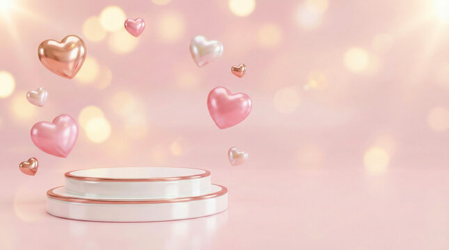 Romantic pink background with podium and floating hearts, perfect for Valentines Day.