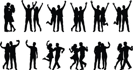 Black Silhouettes of Couples Celebrating, Dancing, Hugging, and Taking Selfies – Joy, Love, Togetherness, Relationship, Lifestyle Concept